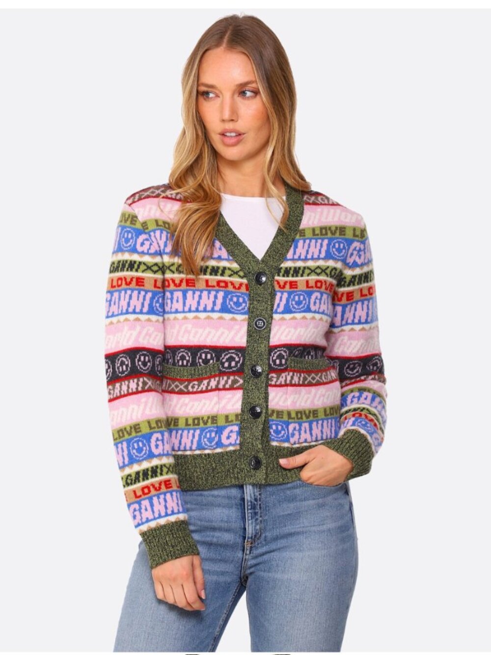 Ganni Graphic Cardigan Sweater Wool Blend Smiley Logo Women's Small